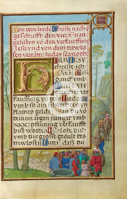 Border with Joseph Being Sold by His Brothers, about 1525-1530. Creator: Simon Bening.