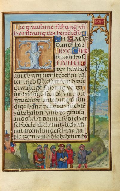 Border with the Arrest of Achior; Prayer Book of Cardinal Albrecht of Brandenburg, about 1525-1530. Creator: Simon Bening.