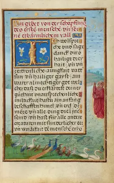 Border with the Creation of Birds and Fishes, about 1525-1530. Creator: Simon Bening