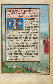 Border with the Creation of Birds and Fishes, about 1525-1530. Creator: Simon Bening