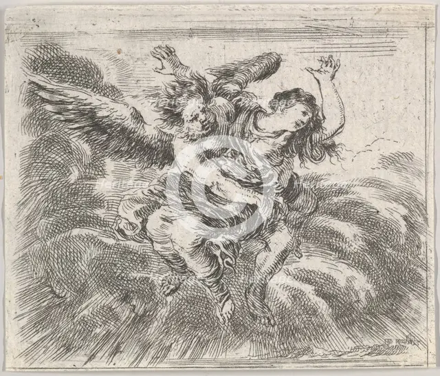 Boreas and Orithyia, from 'Game of Mythology' (Jeu de la Mythologie), 1644. Creator: Stefano della Bella.