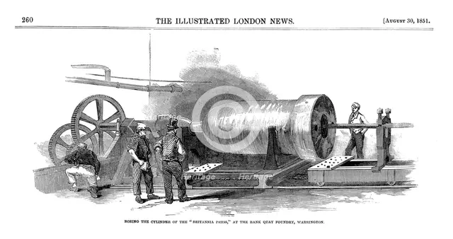 'Boring the cylinder of the 'Britannia Press' at the Bank Quay Foundry, Warrington', 1851. Creator: Unknown.