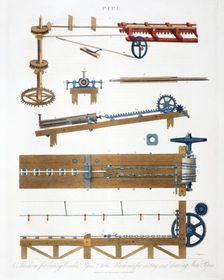 Boring wooden pipes, and casting and drawing iron pipes, c1825. Creator: Unknown