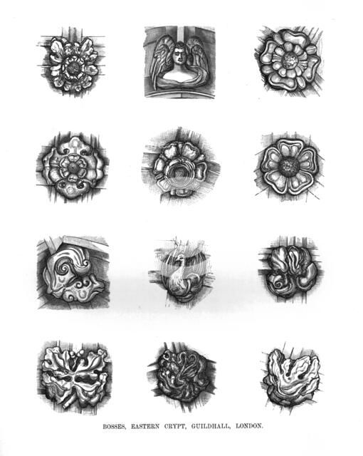 Bosses of the Eastern Crypt. Guildhall, 1886.  Artist: Unknown.