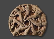 Boss from a temple ceiling with circle of flying warriors, late 8th century-early 9th century