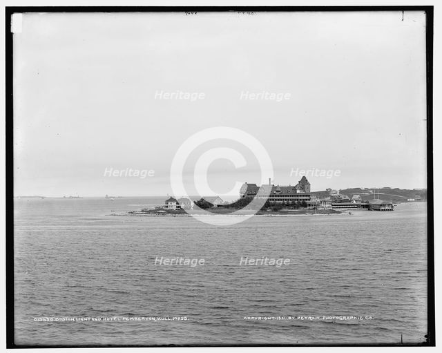 Boston Light and Hotel Pemberton from Paddock's Island, Hull, Mass., c1901. Creator: Unknown.