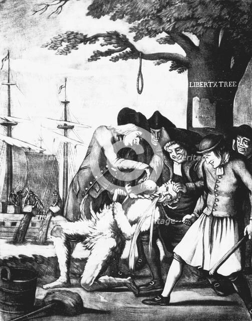 Bostonians tarring and feathering the Excise man and forcing tea down his throat, Boston Tea Party. Artist: Unknown