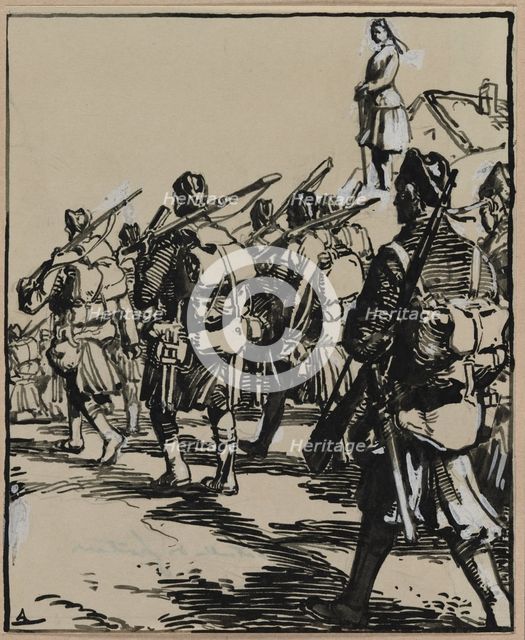 Bataille des frontières: groupe des soldats britanniques, 1914. Creator: Auguste Louis Lepère (French, 1849-1918).