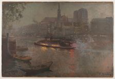 Bateau-Mouche on the Seine, in evening, in front of Notre-Dame, 1890. Creator: Adolphe-Ernest Gumery