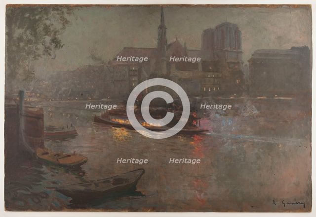 Bateau-Mouche on the Seine, in evening, in front of Notre-Dame, 1890. Creator: Adolphe-Ernest Gumery.