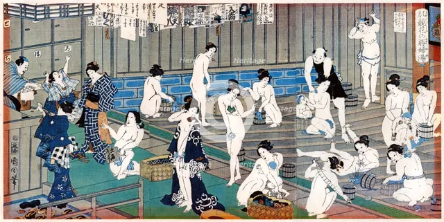 Bath house scene, a print by Toyohara Kunichika, 19th century. Artist: Toyohara Kunichika