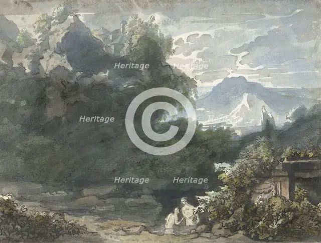 Bathers at ancient monument in mountainous landscape, c.1706-c.1759. Creator: Jacob van Liender.