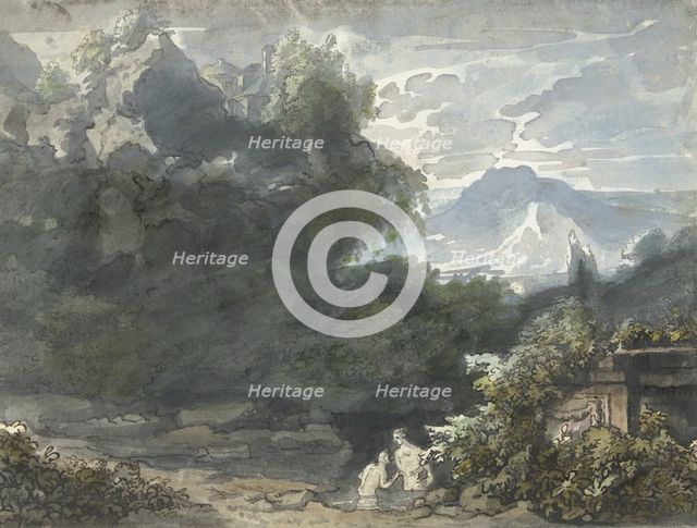 Bathers at ancient monument in mountainous landscape, c.1706-c.1759. Creator: Jacob van Liender.