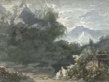 Bathers at ancient monument in mountainous landscape, c.1706-c.1759. Creator: Jacob van Liender