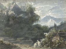 Bathers at ancient monument in mountainous landscape, c.1706-c.1759. Creator: Jacob van Liender
