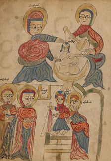 Bathing the Christ Child and The Presentation in the Temple; Gospel Book, 1386. Creator: Unknown