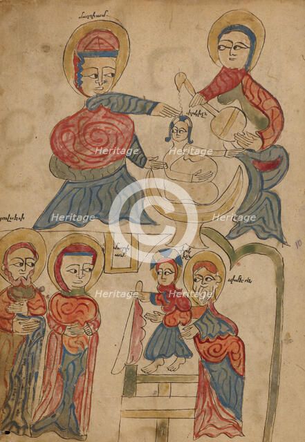 Bathing the Christ Child and The Presentation in the Temple; Gospel Book, 1386. Creator: Unknown.