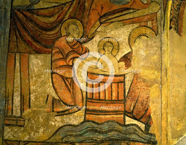  'Bathing the Baby Jesus in a wooden bowl', scene inspired by the apocryphal gospels. Detail of m…