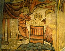 Bathing the Baby Jesus in a wooden bowl scene inspired by the apocryphal gospels. Detail of m…