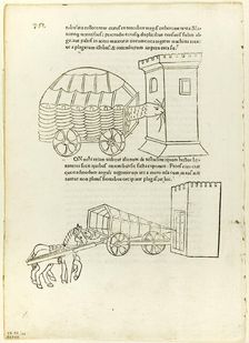 Battering Rams from De re militari (Concerning Military Matters)..., 1472, portfolio assembled 1929. Creators: Matteo di Andrea de Pasti, Johannes Nicolai de Verona, Robert Valturio, Wilhelm Ludwig Schreiber