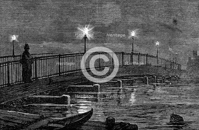 Battersea Bridge during the high tide of Friday last, 1874. Creator: Unknown.