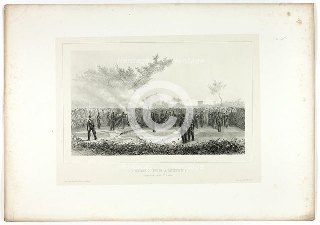 Battery No.1 opens fire, from Souvenirs d’Italie: Expédition de Rome, 1854. Creator: Auguste Raffet.