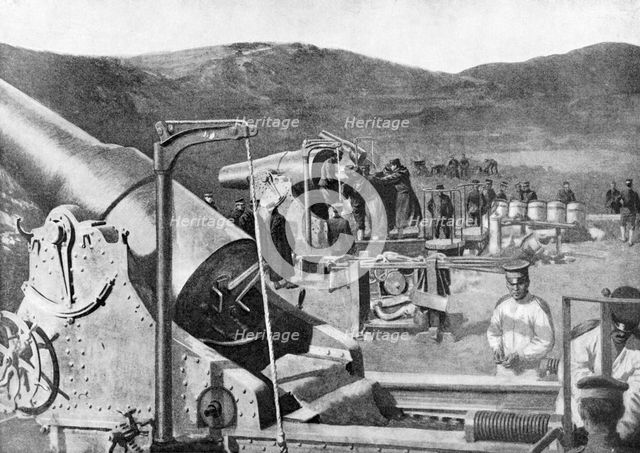 Battery of Japanese siege guns bombarding Port Arthur, Russo-Japanese War, 1904-5. Artist: Unknown