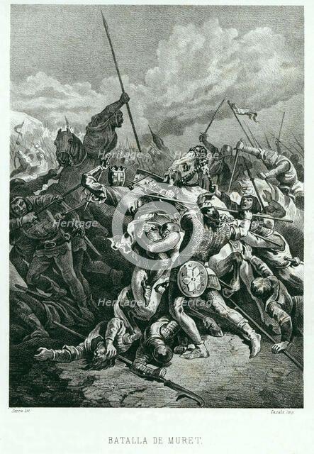 Battle of Muret, 1213, King D. Pedro II of Aragon died in battle, engraving.