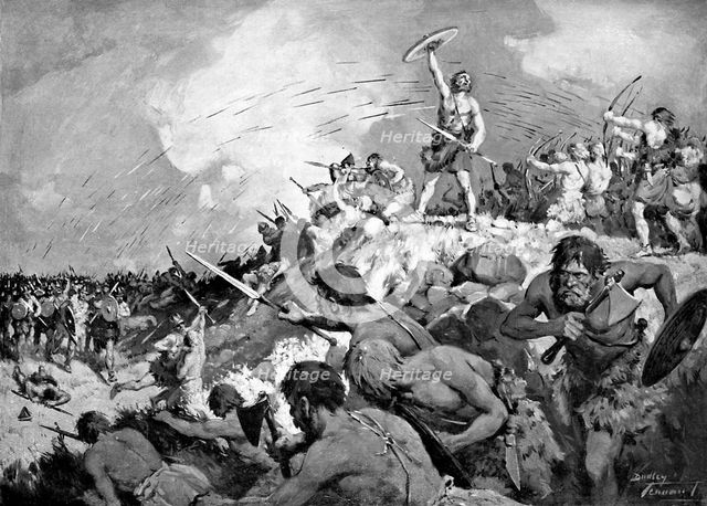 Battle of Mons Badonicus, c500 AD, (c1920).Artist: C Dudley Tennant