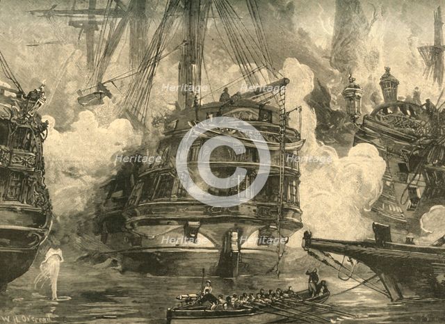 Battle of Navarino: HMS 'Asia' engaging the ships of Capitan Bey and Moharram Bey, 1827 (c1890). Creator: William Heysham Overend.