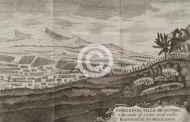 Battle of Otumba, (7th July 7, 1520): Cortés' forces descending into the valley where the... 1771.  Creator: Unknown.