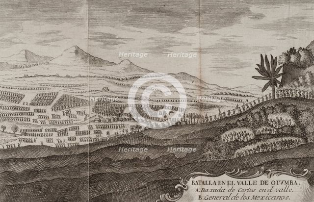 Battle of Otumba, (7th July 7, 1520): Cortés' forces descending into the valley where the... 1771.  Creator: Unknown.