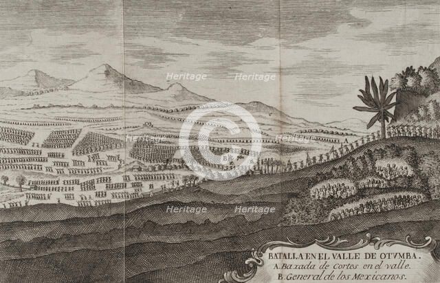 Battle of Otumba, (7th July 7, 1520): Cortés' forces descending into the valley where the... 1771.  Creator: Unknown.