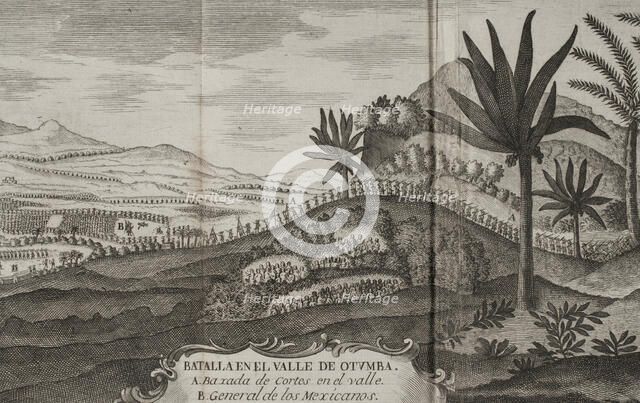 Battle of Otumba, (7th July 7, 1520): Cortés' forces descending into the valley where the... 1771.  Creator: Unknown.