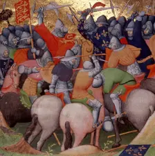 Battle of Crécy, between the English and the French, in 1346, (1415). Creator: Workshop of the Boucicaut Master