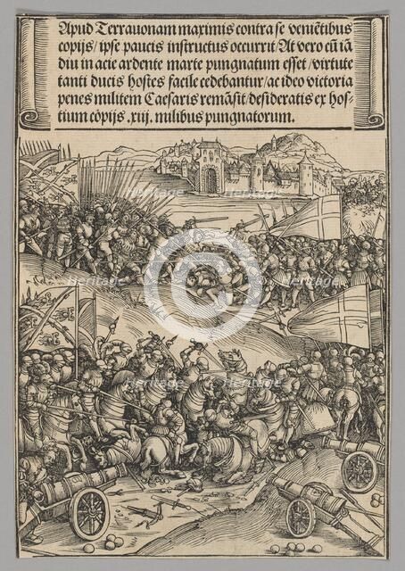 Battle of Guinegate, plate 4 from Historical Scenes from the Life of Emperor..., printed c. 1520. Creator: Wolf Traut.