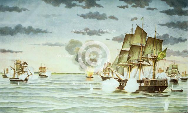 Battle of Quilmes during the Cisplatina war between Uruguay and Brazil, engraving.