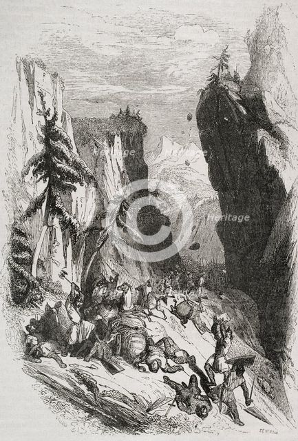Battle of Roncevaux Pass, Iberian Peninsula, August 15, 778, (1852).  Creator: José Severini.