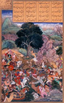 Battle of the tribes watched by Majnun who is holding a rock, 1595. Creator: Nanha