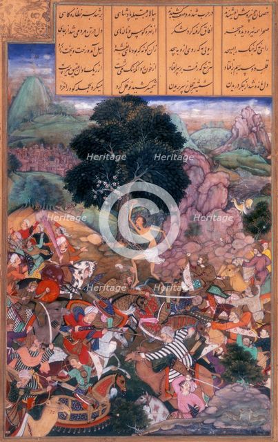Battle of the tribes watched by Majnun who is holding a rock, 1595. Creator: Nanha.