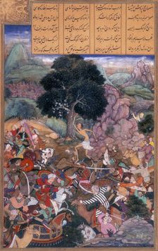 Battle of the tribes watched by Majnun who is holding a rock, 1595. Creator: Nanha