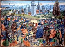 Battle of the Crusaders and pagan troops near the city of Aleppo. Miniature in the Récueil des h…