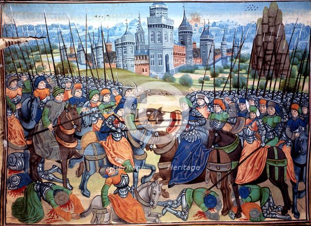 Battle of the Crusaders and pagan troops near the city of Aleppo. Miniature in the 'Récueil des h…