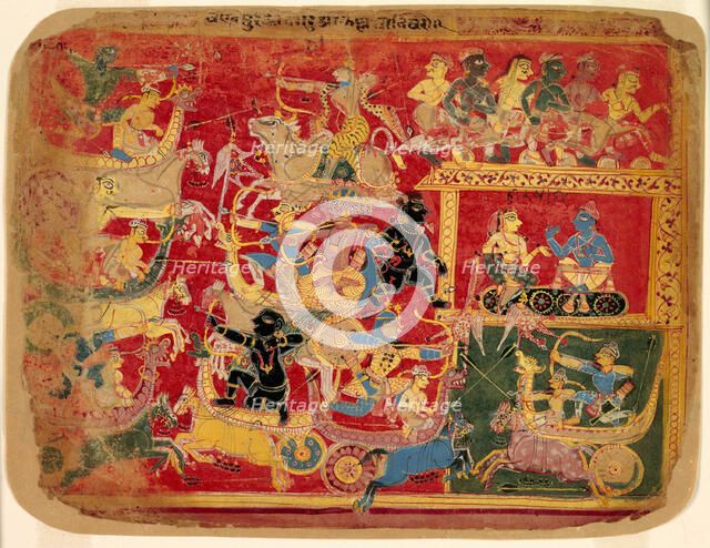 Battle of the Forces of Krishna and Bana, from a copy of the Dispersed Bhagavat Purana, c1520-30. Creator: Unknown.