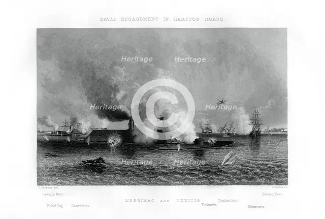 Battle of the 'Monitor' and the 'Merrimack', Hampton Roads, Virginia, 9 March 1862 (1862-1867).Artist: J Davies