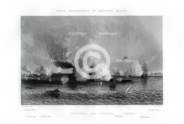 Battle of the 'Monitor' and the 'Merrimack', Hampton Roads, Virginia, 9 March 1862 (1862-1867).Artist: J Davies