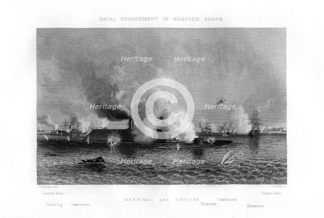 Battle of the 'Monitor' and the 'Merrimack', Hampton Roads, Virginia, 9 March 1862 (1862-1867).Artist: J Davies