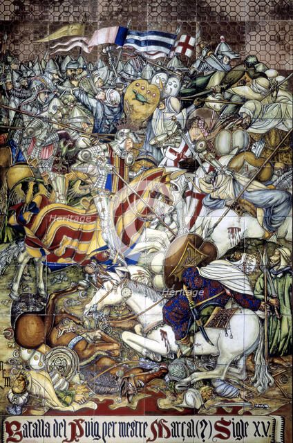 Battle of the Puig' 1237 Ceramic tile panel with Jaime I 'El conquistador'' (1208-1276), King of …