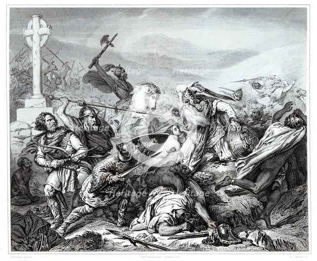 Battle of Tours between Visigoths and Normans in October 732. Engraving from 1853.