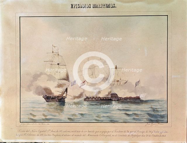 Battle of Trafalgar, the ship Santa Ana at the time of being sunk by three English ships, October…